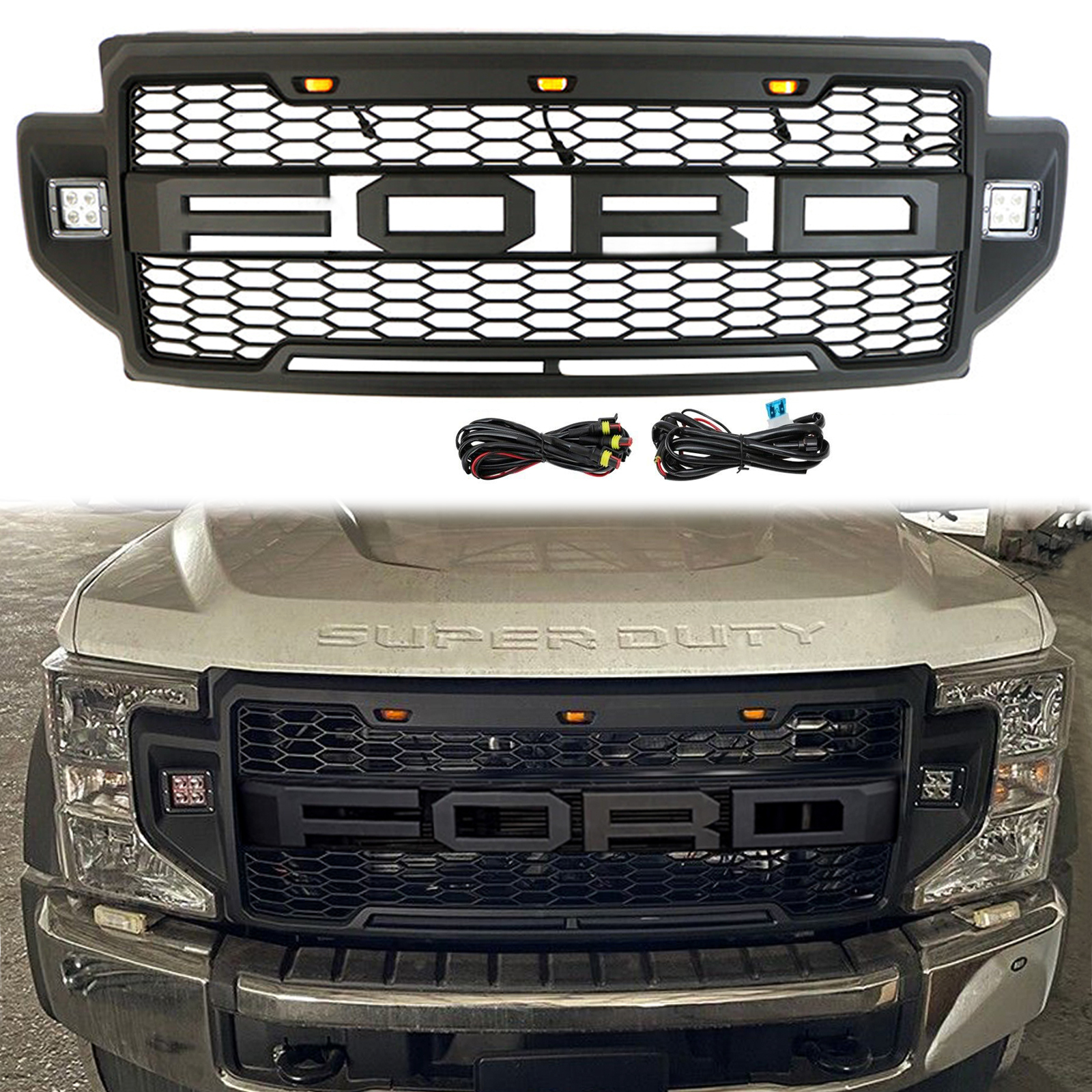 Front Grille For 2020 2021 2022 F250 F350 F450 F550 Super Duty Raptor Grill W/3+2 LED Lights& Letters Matte Black