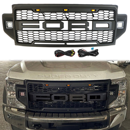 Front Grille For 2020 2021 2022 F250 F350 F450 F550 Super Duty Raptor Grill W/3+2 LED Lights& Letters Matte Black