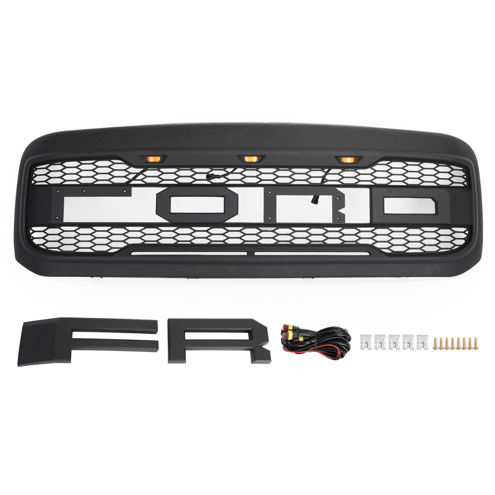 Front Grille For 1999-2004 Ford F250 F350 Super Duty Raptor Style Grill w/ LED Matte Black