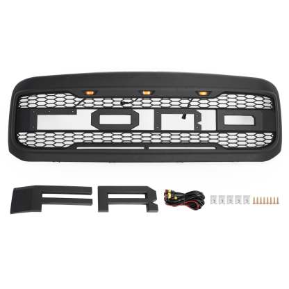 Front Grille For 1999-2004 Ford F250 F350 Super Duty Raptor Style Grill w/ LED Matte Black