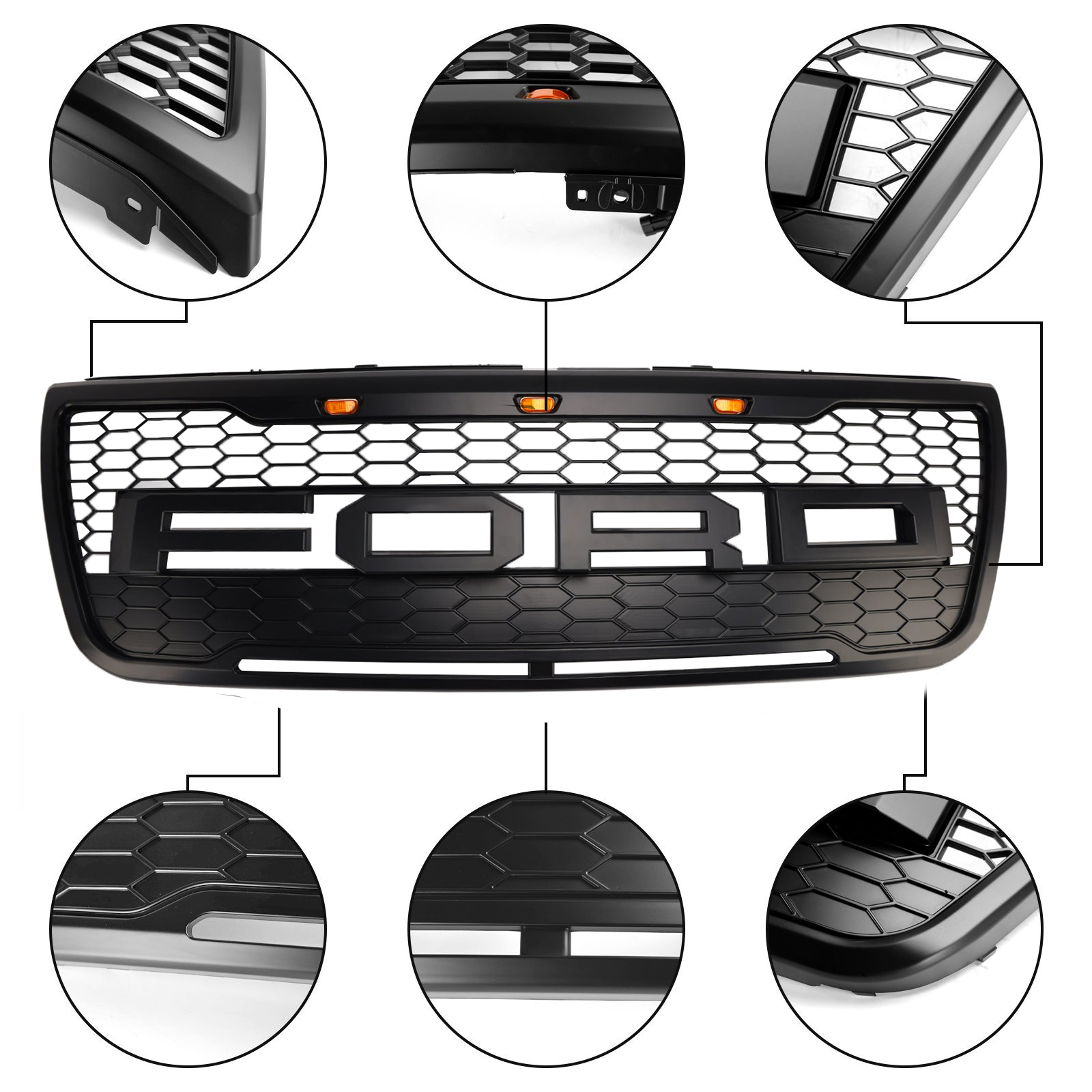 Front Bumper Grill For Ford Explorer 2011-2015 Grille W/ Letters & LED Lights Matte Black