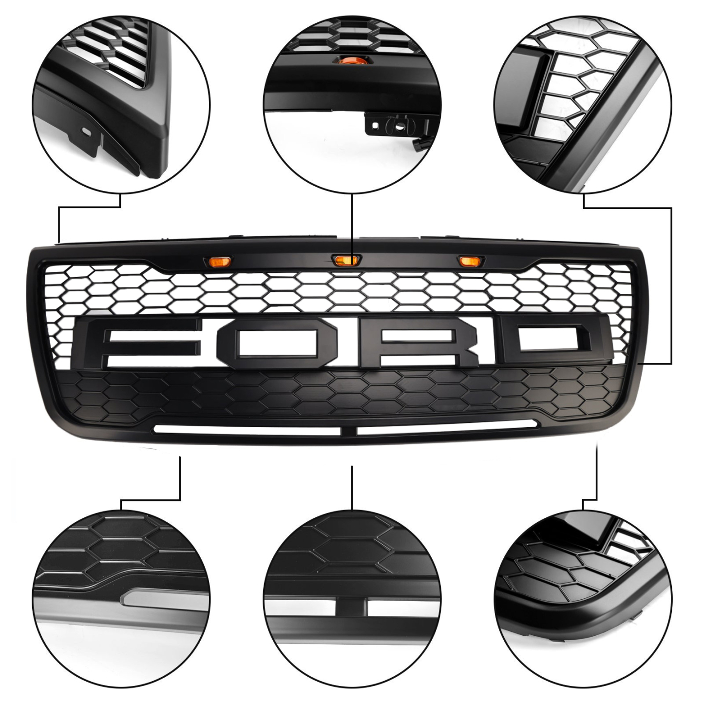 Front Bumper Grill For Ford Explorer 2011-2015 Grille W/ Letters & LED Lights Matte Black