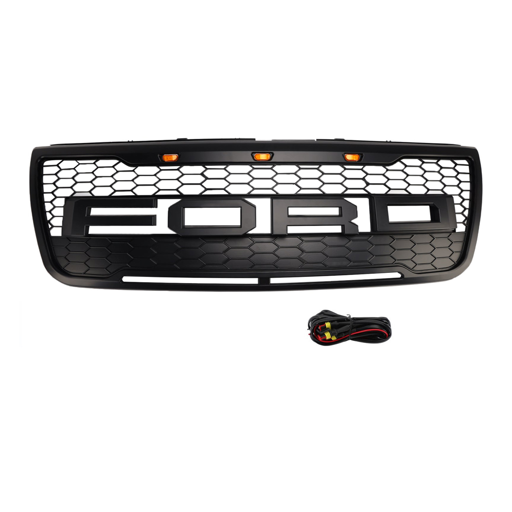 Front Bumper Grill For Ford Explorer 2011-2015 Grille W/ Letters & LED Lights Matte Black