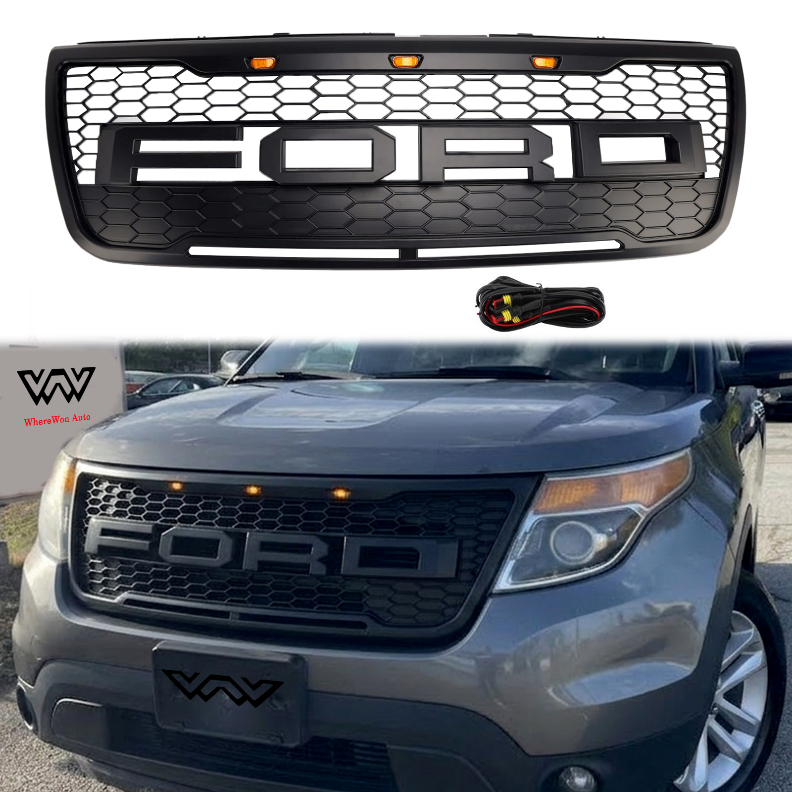 Front Bumper Grill For Ford Explorer 2011-2015 Grille W/ Letters & LED Lights Matte Black