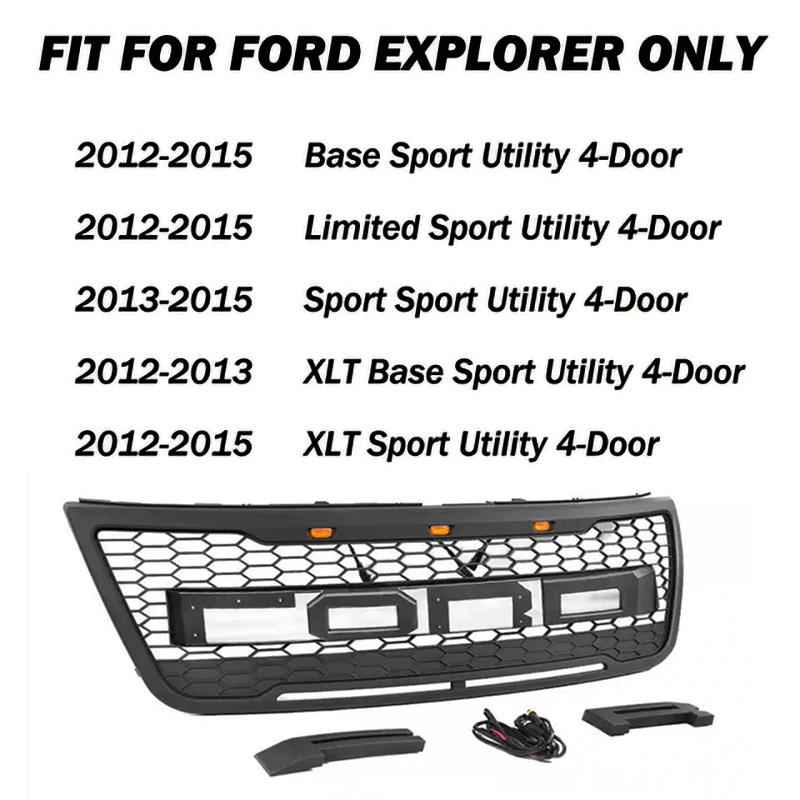Front Bumper Grill For Ford Explorer 2011-2015 Grille W/ Letters & LED Lights Matte Black