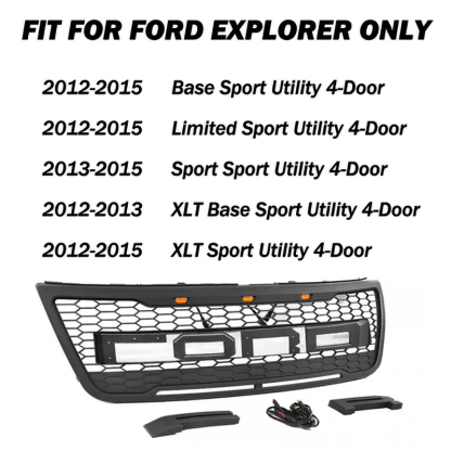 Front Bumper Grill For Ford Explorer 2011-2015 Grille W/ Letters & LED Lights Matte Black