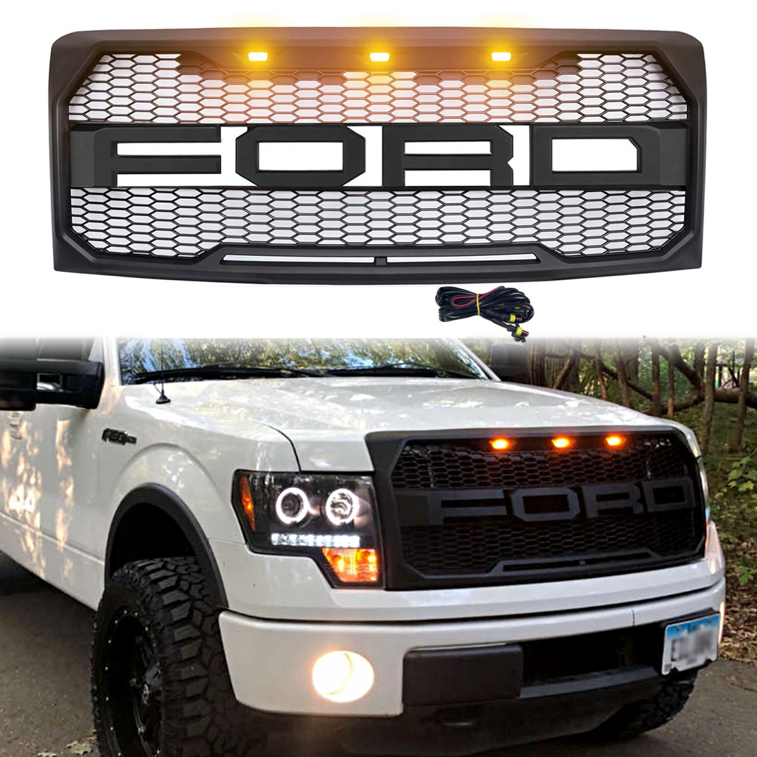 For 2009-2014 Ford F150 Grill Raptor Style Front Grille Hood Matte Black