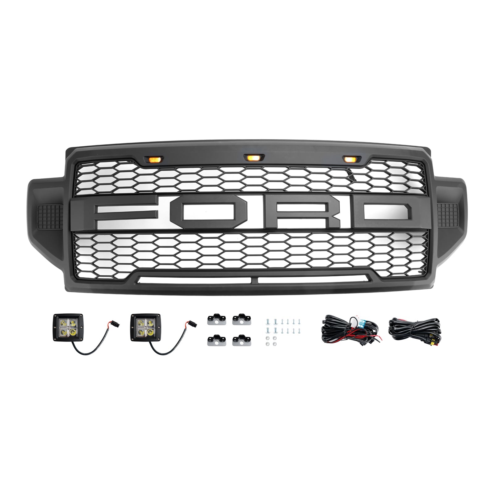 Front Grille For 2020 2021 2022 F250 F350 F450 F550 Super Duty Raptor Grill W/3+2 LED Lights& Letters Matte Black
