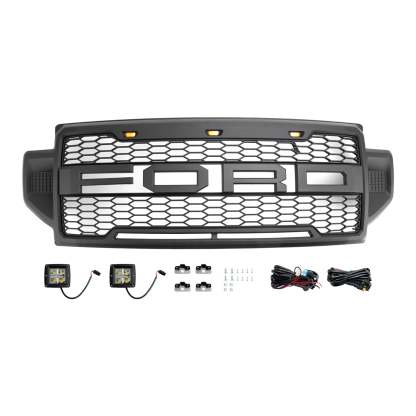 Front Grille For 2020 2021 2022 F250 F350 F450 F550 Super Duty Raptor Grill W/3+2 LED Lights& Letters Matte Black