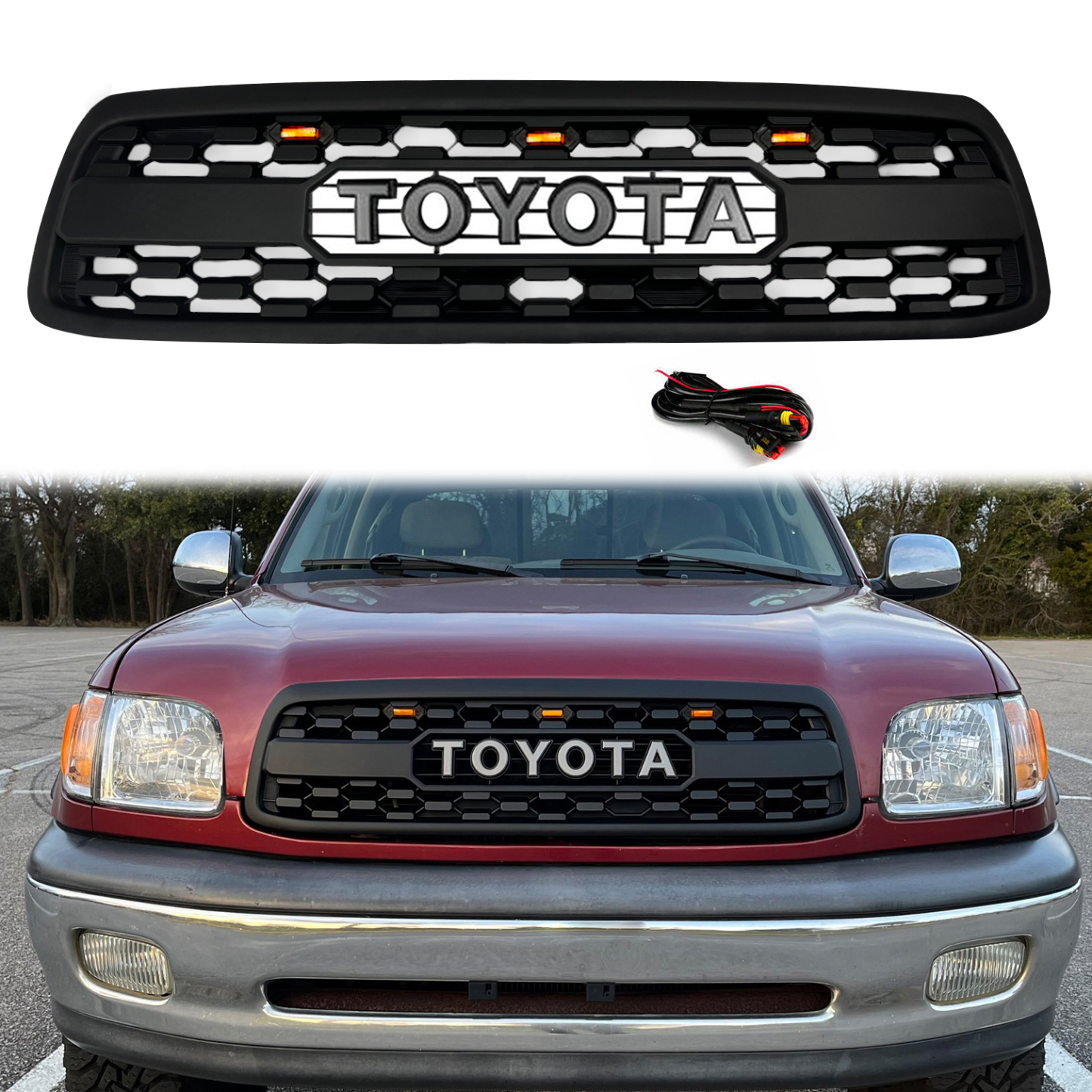 Front Grille For 2000-2002 Toyota Tundra Grill Matte Black W/ Letters Led Lights