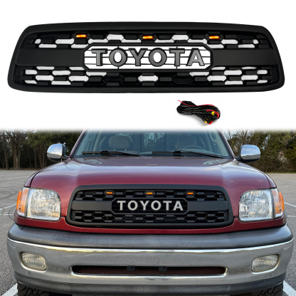 Front Grille For 2000-2002 Toyota Tundra Grill Matte Black W/ Letters Led Lights