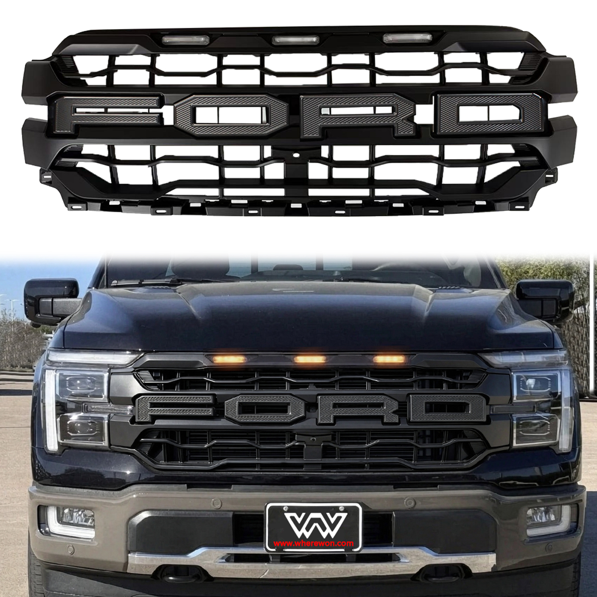 For 2024-2026 Ford F150 Lariat King Ranch Platinum Grill Upgrade Raptor Style Front Grille With LED Light & Letter