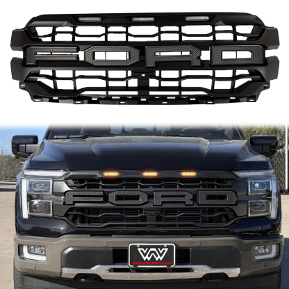 For 2024-2026 Ford F150 Lariat King Ranch Platinum Grill Upgrade Raptor Style Front Grille With LED Light & Letter