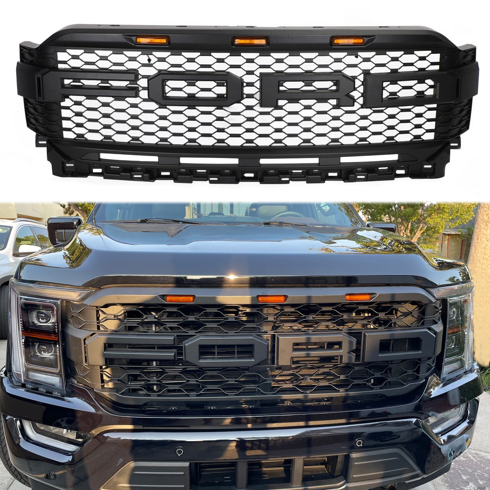 Front Grill For 2021 2022 2023 Ford F150 Bumper Grille Raptor Style W/LED Light