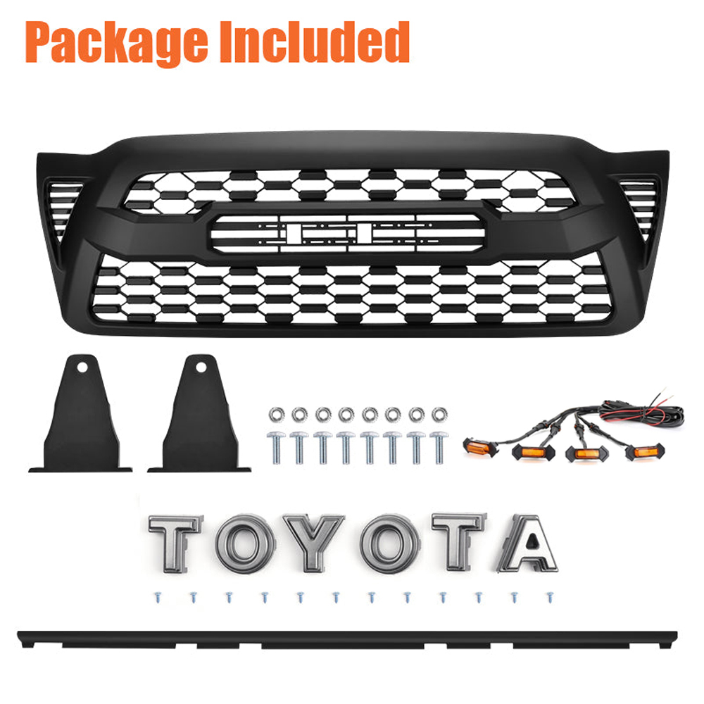 Front Grill For Toyota Tacoma 2005-2011 Bumper Hood Mesh Grille Matte Black W/Letters
