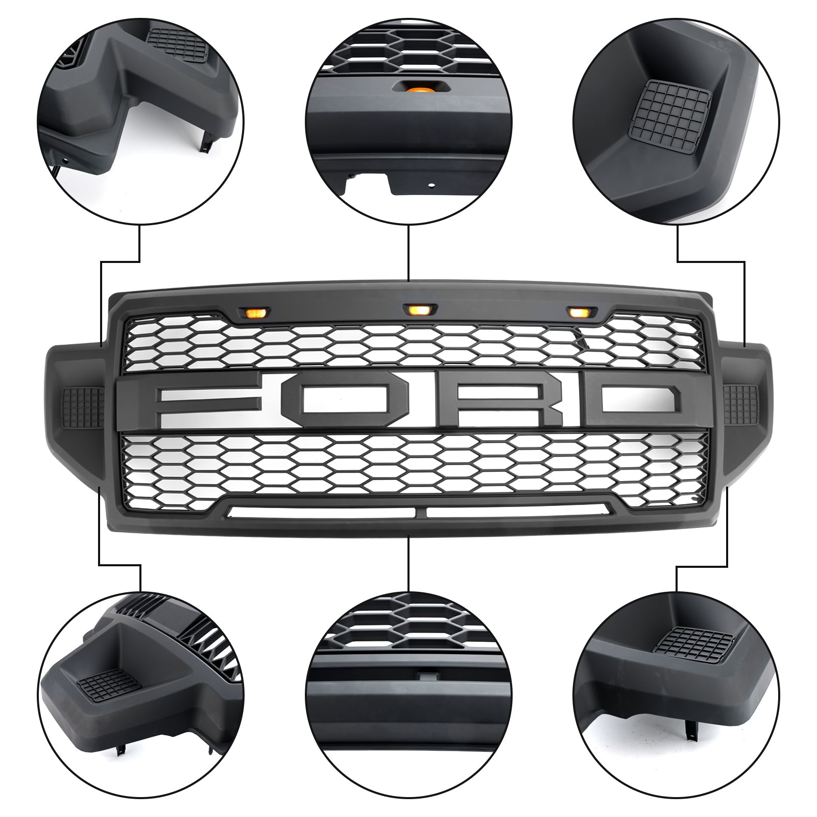 Front Grille For 2020 2021 2022 F250 F350 F450 F550 Super Duty Raptor Grill W/3+2 LED Lights& Letters Matte Black