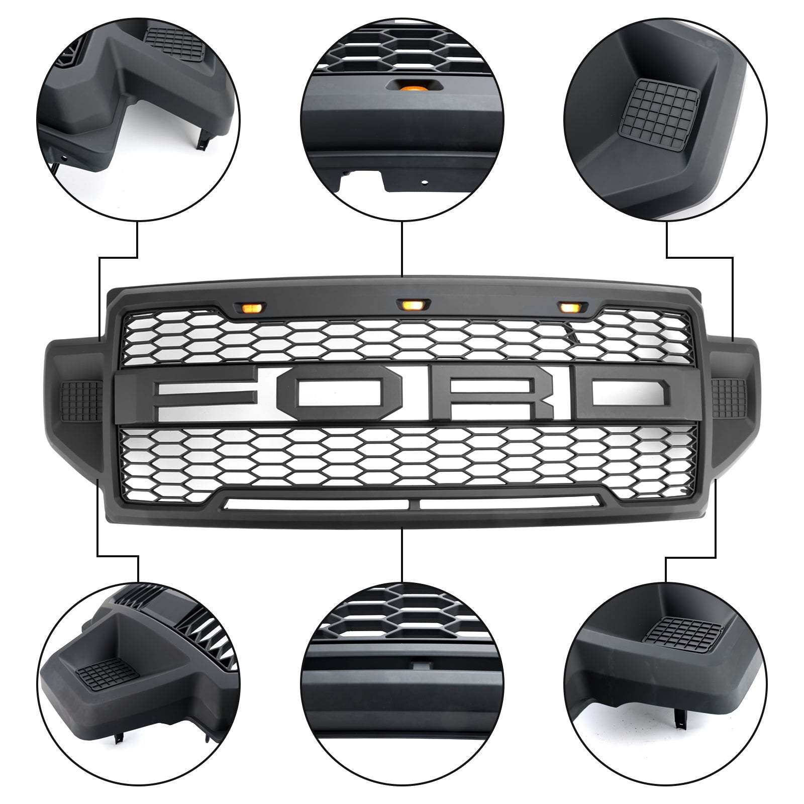 Front Grille For 2020 2021 2022 F250 F350 F450 F550 Super Duty Raptor Grill W/3+2 LED Lights& Letters Matte Black