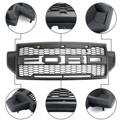 Front Grille For 2020 2021 2022 F250 F350 F450 F550 Super Duty Raptor Grill W/3+2 LED Lights& Letters Matte Black
