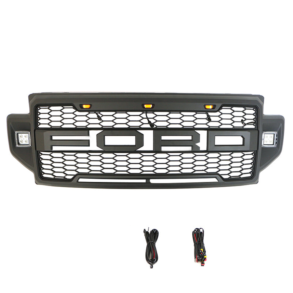 Front Grille For 2020 2021 2022 F250 F350 F450 F550 Super Duty Raptor Grill W/3+2 LED Lights& Letters Matte Black