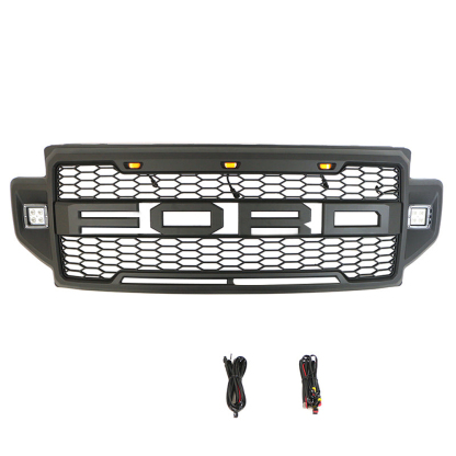 Front Grille For 2020 2021 2022 F250 F350 F450 F550 Super Duty Raptor Grill W/3+2 LED Lights& Letters Matte Black