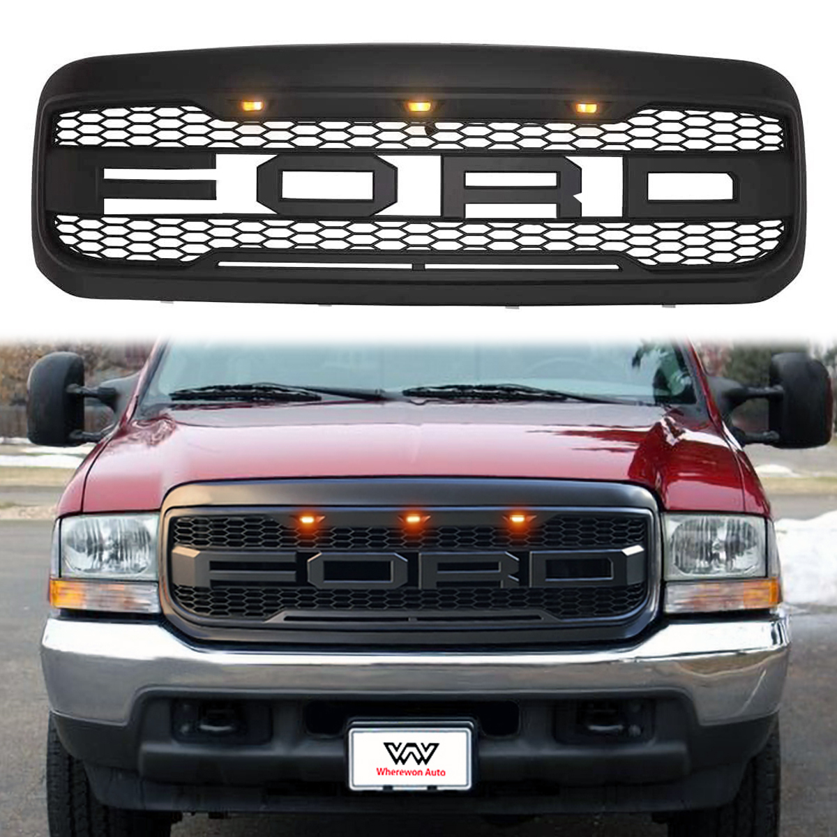 For 1999-2004 Ford F250 F350 Super Duty Grill Raptor Style Front Grille with Llight & Letter Matte Black