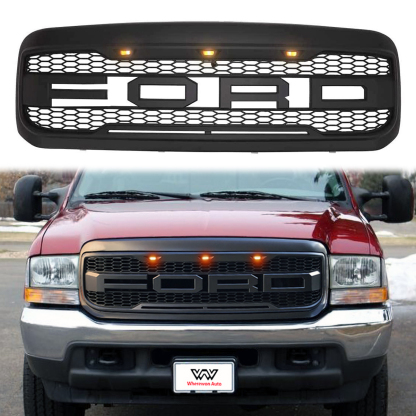 For 1999-2004 Ford F250 F350 Super Duty Grill Raptor Style Front Grille with Llight & Letter Matte Black