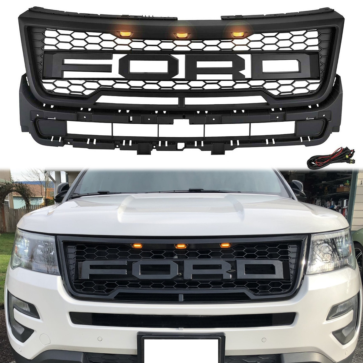 For 2016-2018 Ford Explorer Raptor Style Front Grille W/Lights & Letters Black