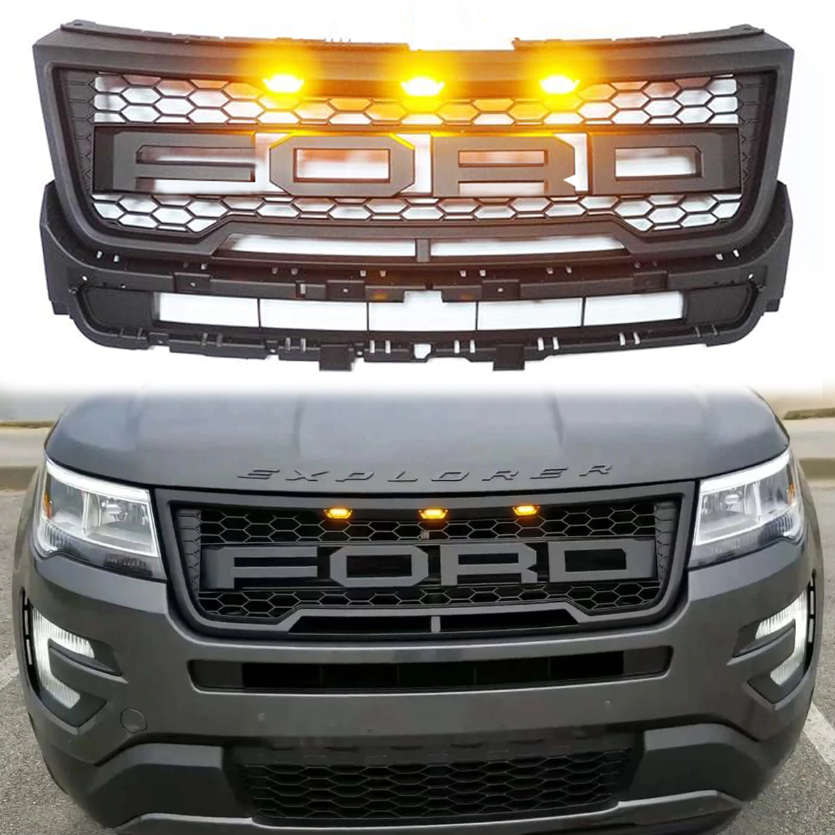 For 2016-2018 Ford Explorer Grill Raptor Style Front Grille With Lights & Letters Matte Black