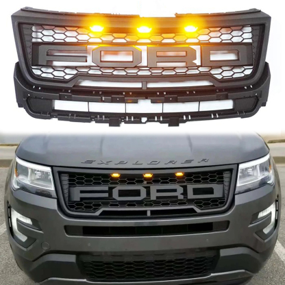 For 2016-2018 Ford Explorer Grill Raptor Style Front Grille With Lights & Letters Matte Black