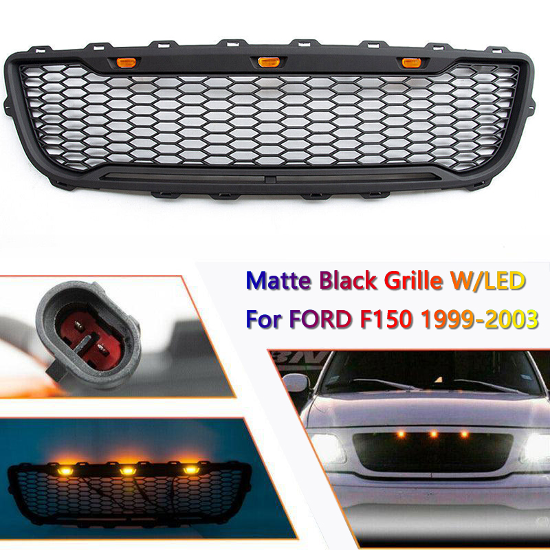 For 1999-2003 Ford F150 Grill Raptor Style Front Grille W/Letter Hood Mesh Matte Black