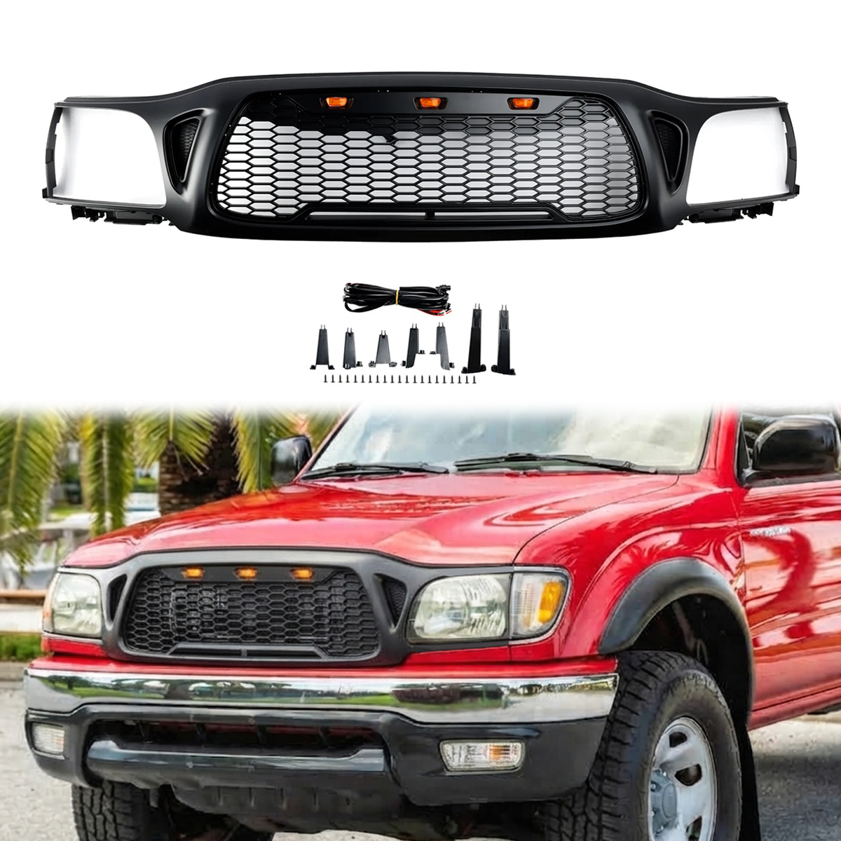Front Grille For Toyota Tacoma 2001 2002 2003 2004 Honeycomb Style Grill Mesh with LED Lights Matte Black