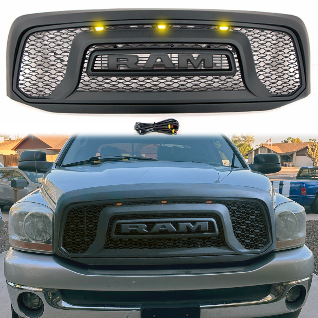 Front Grille For 2006 2007 2008 Dodge Ram 1500 Rebel Style Grill with LED Light & Letter