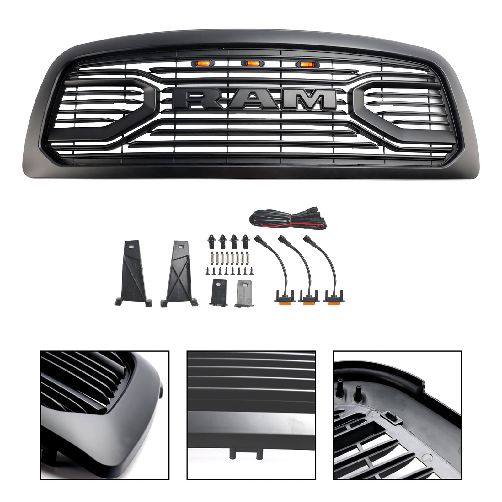 For 2009-2012 Dodge Ram 1500 Front Grille Big Horn Style Grill Matte Black with Letter &Light