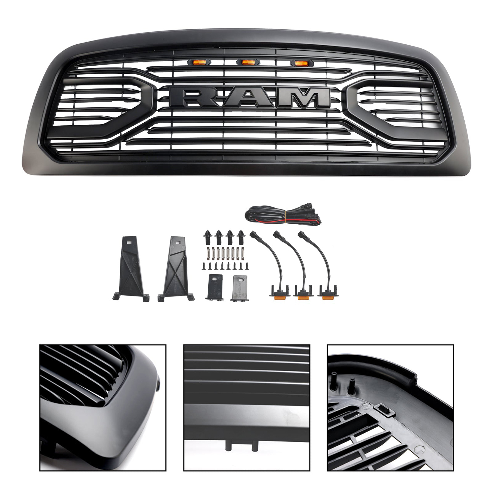 For 2009-2012 Dodge Ram 1500 Front Grille Big Horn Style Grill Matte Black with Letter &Light