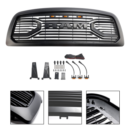 For 2009-2012 Dodge Ram 1500 Front Grille Big Horn Style Grill Matte Black with Letter &Light