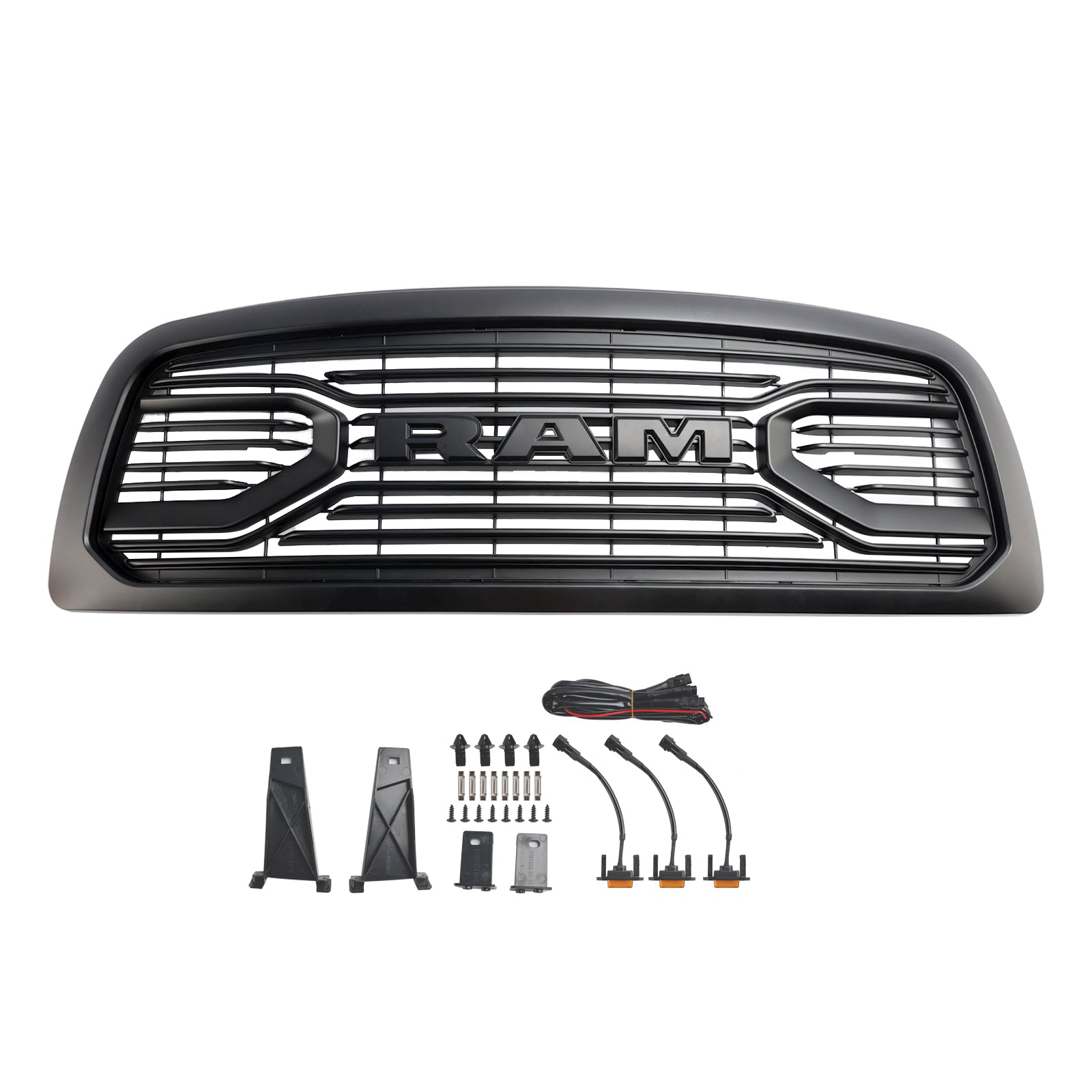 For 2009-2012 Dodge Ram 1500 Front Grille Big Horn Style Grill Matte Black with Letter &Light