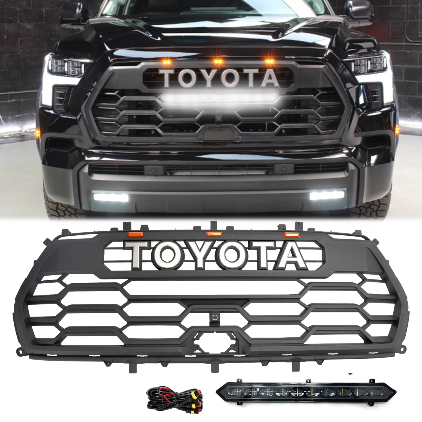 Front Grille For Toyota Sequoia 2022-2023 Grill W/ LED Light Matte Black