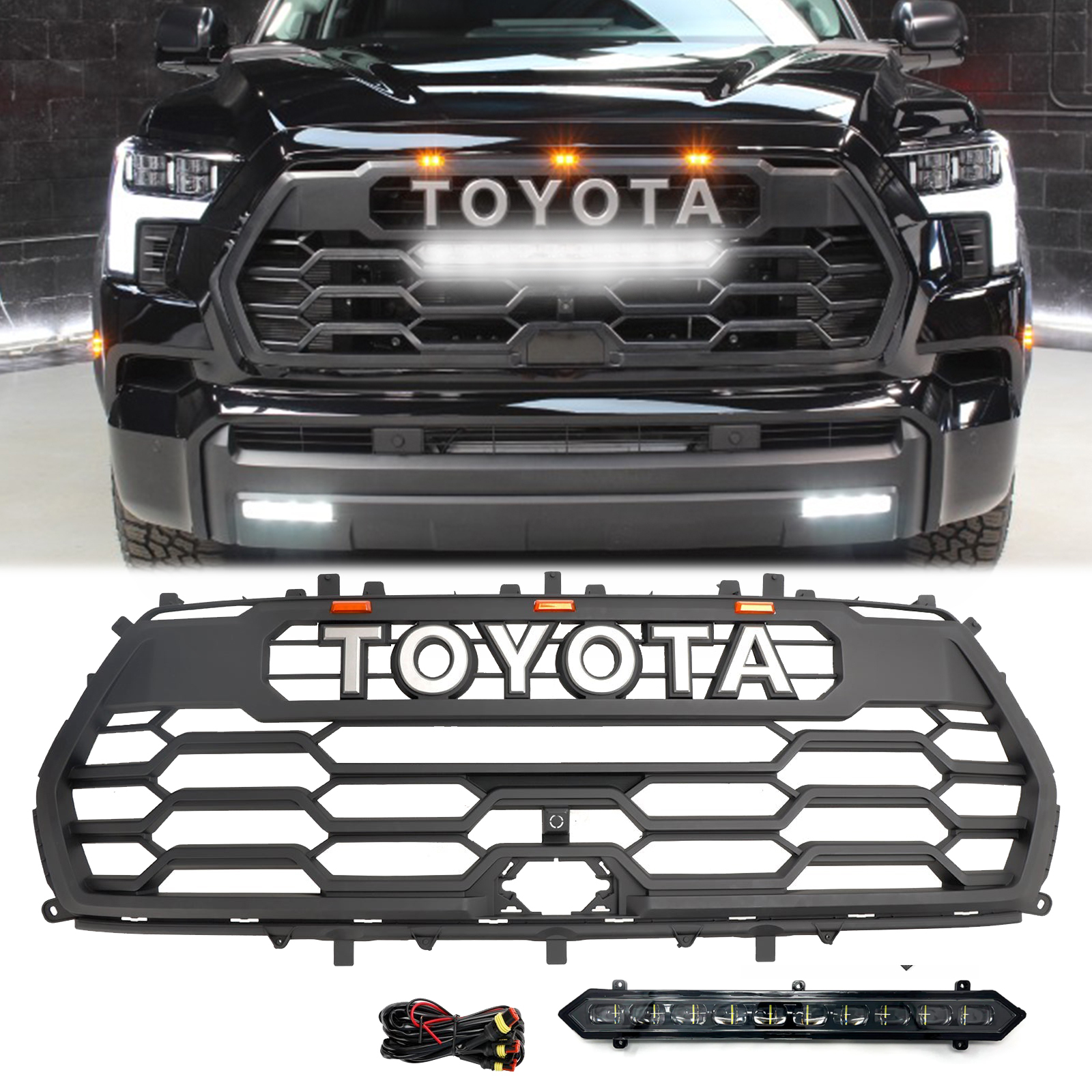 Front Grille For Toyota Sequoia 2022-2023 Grill W/ LED Light Matte Black