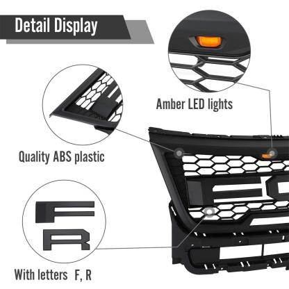For 2016-2018 Ford Explorer Raptor Style Front Grille W/Lights & Letters Black