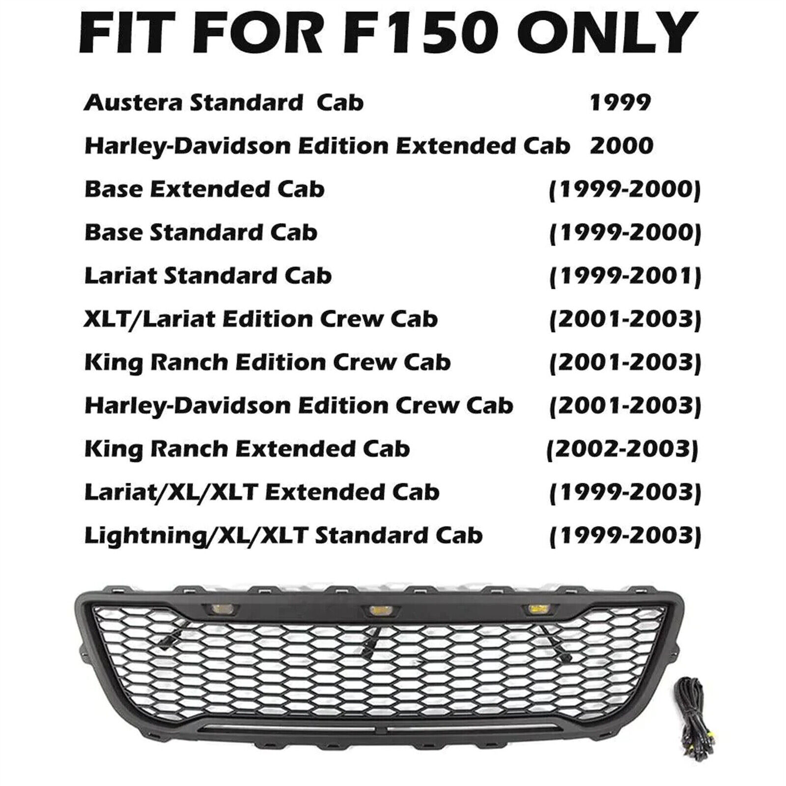 For 1999-2003 Ford F150 Grill Raptor Style Front Grille W/Letter Hood Mesh Matte Black