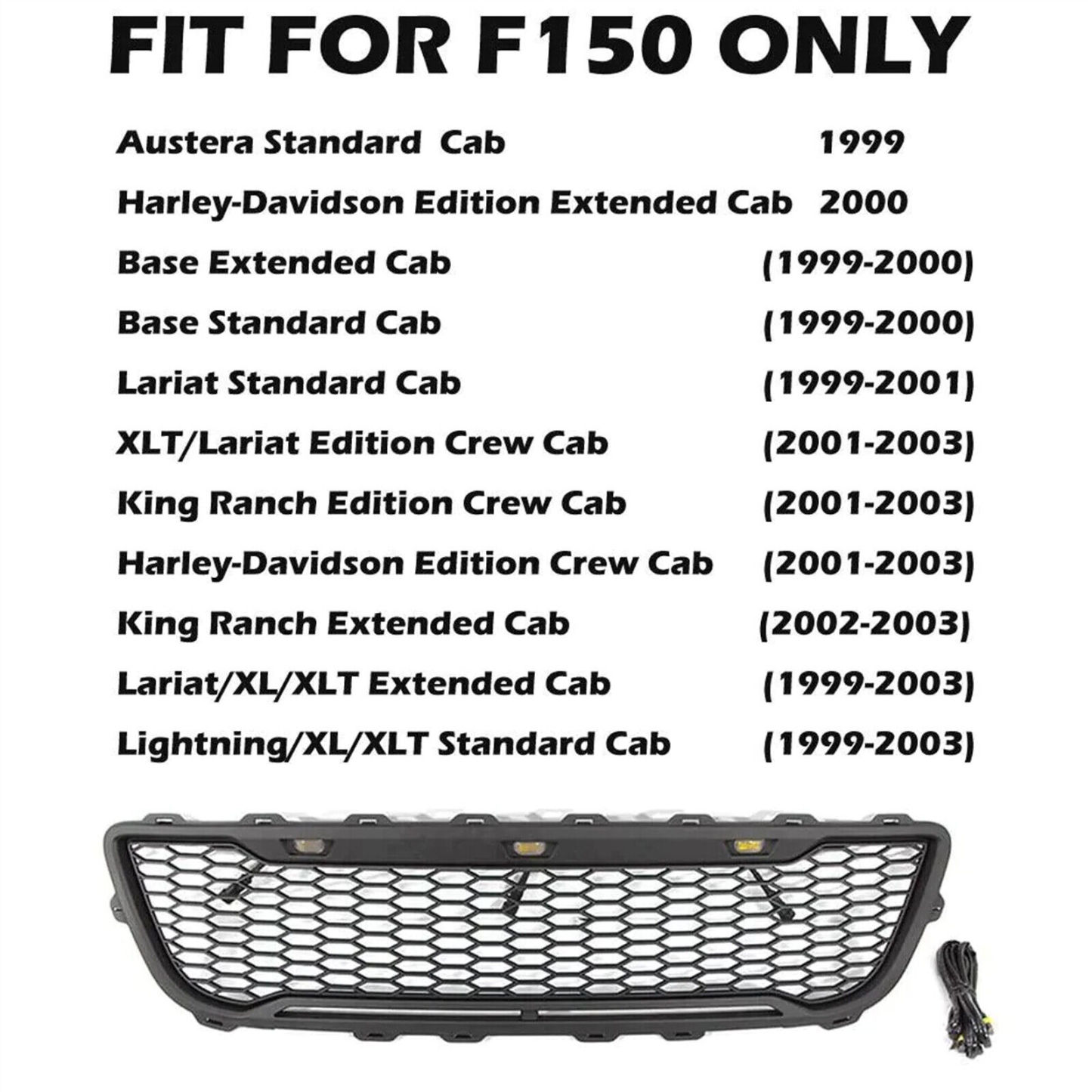 For 1999-2003 Ford F150 Grill Raptor Style Front Grille W/Letter Hood Mesh Matte Black