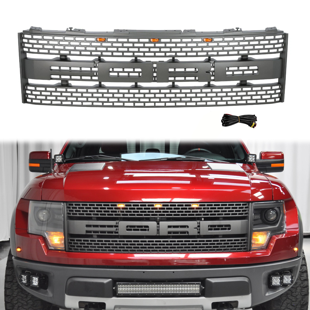 For 2010 2011 2012 2013 2014 Ford F150 SVT Raptor Grill Silver Gray Front Grille Mesh with Amber LED Light
