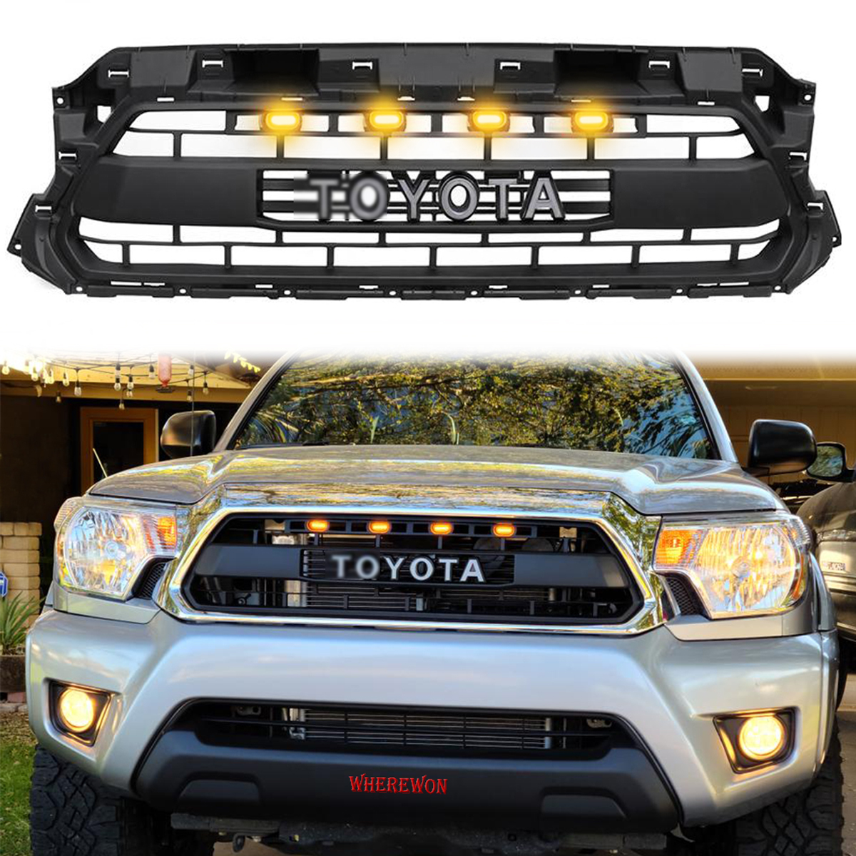 For Toyota Tacoma 2012 2013 2014 2015 Front Grill Grille w/ Lights W/Letter Matte Black