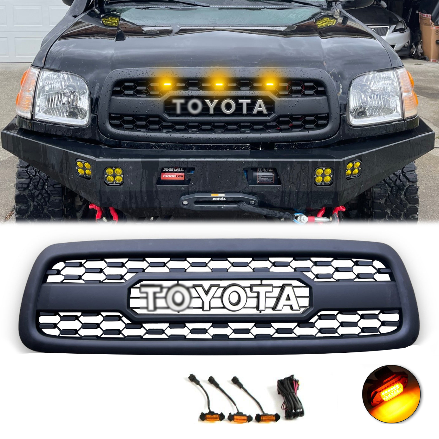 Front Grille For Toyota Sequoia 2001-2004 Grill w/LED Lights w/Led Light Matte Black