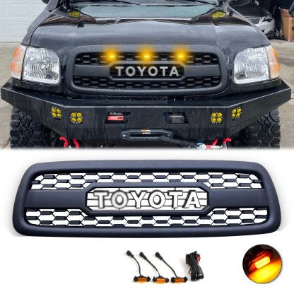 Front Grille For Toyota Sequoia 2001-2004 Grill w/LED Lights w/Led Light Matte Black