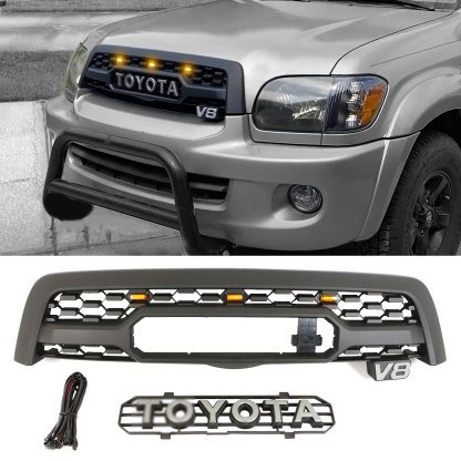 For Toyota Sequoia 2005-2007 Grill Matte Black Front Grill W/ LED Lights