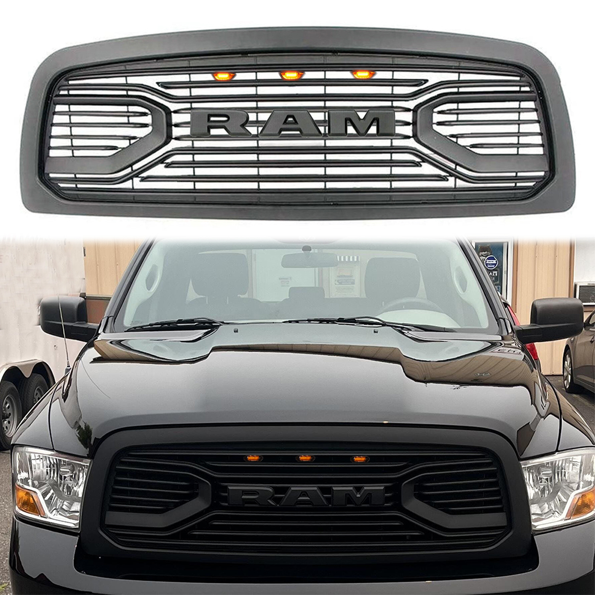 For 2009-2012 Dodge Ram 1500 Front Grille Big Horn Style Grill Matte Black with Letter &Light