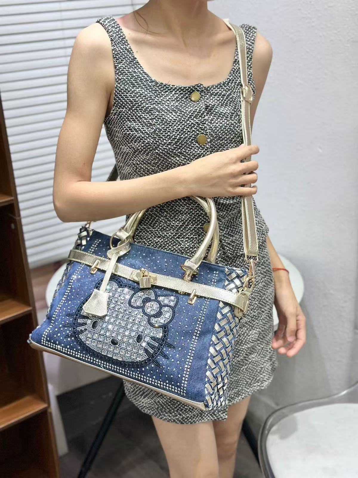 New trendy diamond-encrusted denim hand-held large-capacity shoulder bag