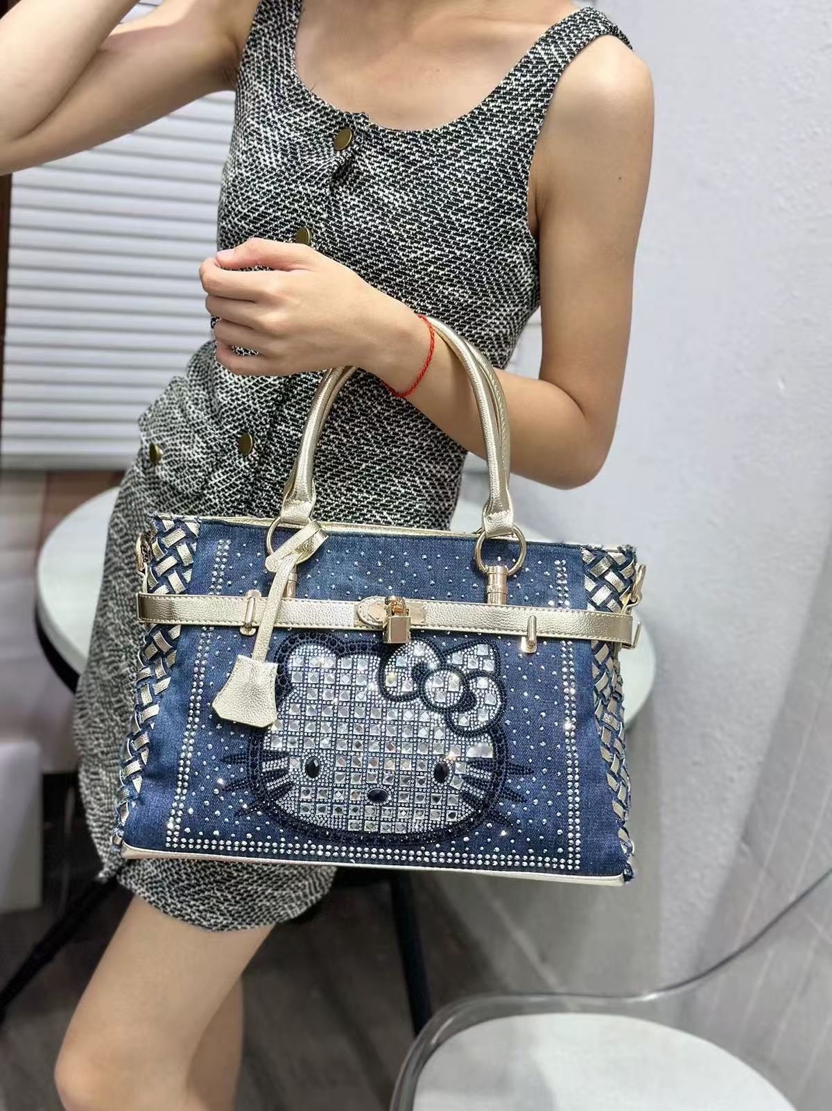 New trendy diamond-encrusted denim hand-held large-capacity shoulder bag