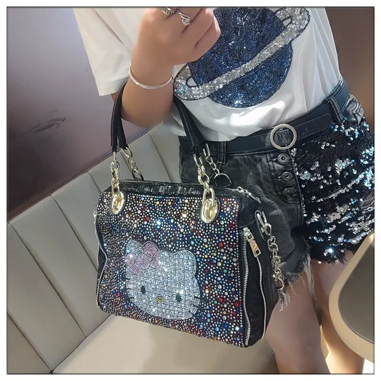 Square high-grade leather diamond-inlaid shoulder bag